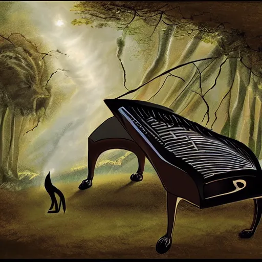 Image similar to a fantasy drawing of a creature that has the body of a grand piano and the feet and tail of a cat, standing in the middle of the woods.