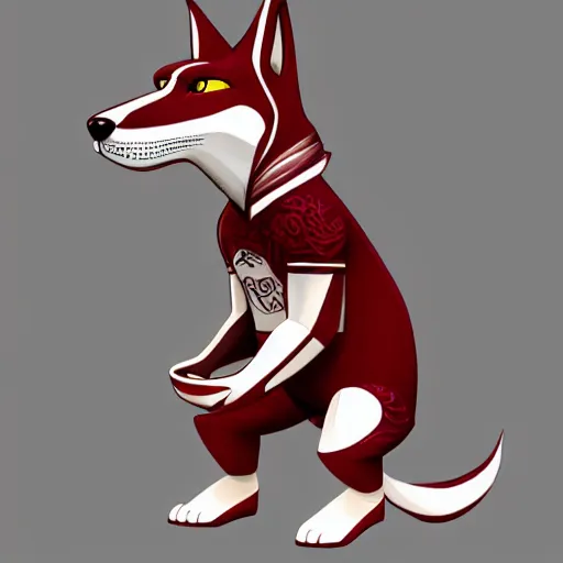 Image similar to A dingo mascot, maroon and white, NFL, highly detailed design, high evolution, legendary, smooth, sharp focus, dynamic lighting, intricate, line art, ArtStation, art by Paul Rand