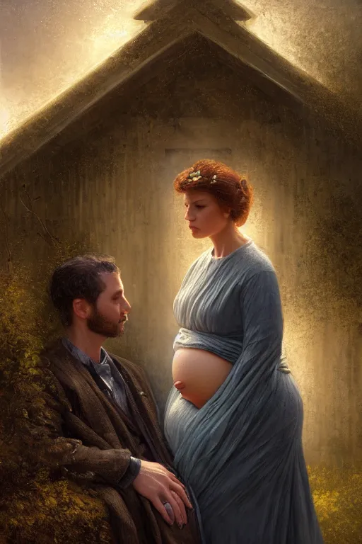 Prompt: a portrait of a pregnant widow next to her husband's grave, illustration, dramatic lighting, soft details, painting oil on canvas, art deco, octane render, HDR, 4k, 8k, HD, by Edmund Blair Leighton, Brom, Charlie Bowater, trending on artstation, faces by Tom Bagshaw, Sargent