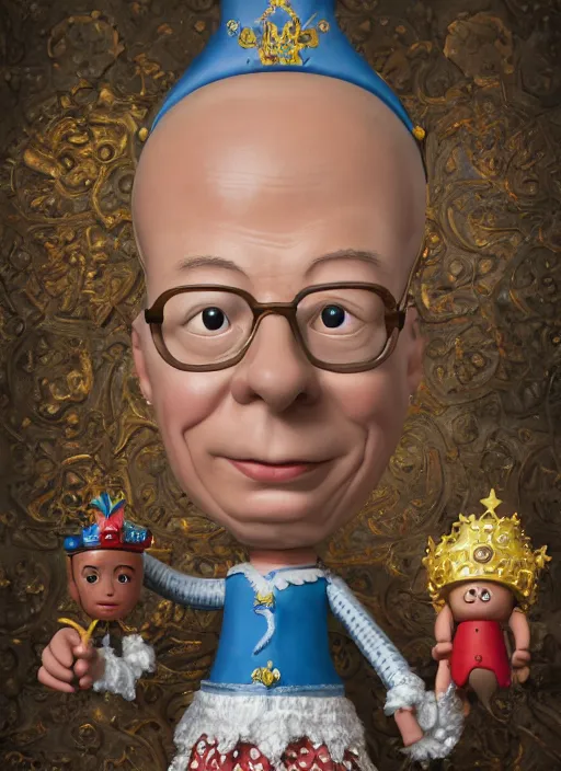 Image similar to closeup face profile portrait of tin toy klaus schwab as a fairytale prince wearing a crown eating cakes, depth of field, zeiss lens, detailed, symmetrical, centered, fashion photoshoot, by nicoletta ceccoli, mark ryden, lostfish, breathtaking, 8 k resolution, extremely detailed, beautiful, establishing shot, artistic, hyperrealistic, octane render