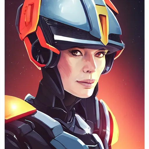 Image similar to a portrait of a stunning beautiful elite lena headey gundam pilot, with an intricate, detailed, urban inspired hiphop afro futuristic helmet, vector behance hd jesper ejsing, rhads, makoto shinkai, lois van baarle, ilya kuvshinov, rossdraws, hd, 3 2 k, ilya kuvshinov, gustav klimt