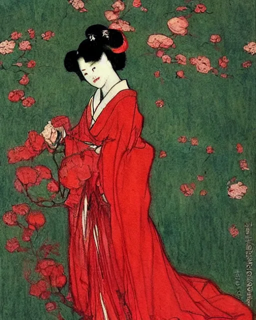 Prompt: a painting of a geisha in a red dress by Warwick Goble, pinterest, art nouveau, made of flowers, pre-raphaelite, impressionism