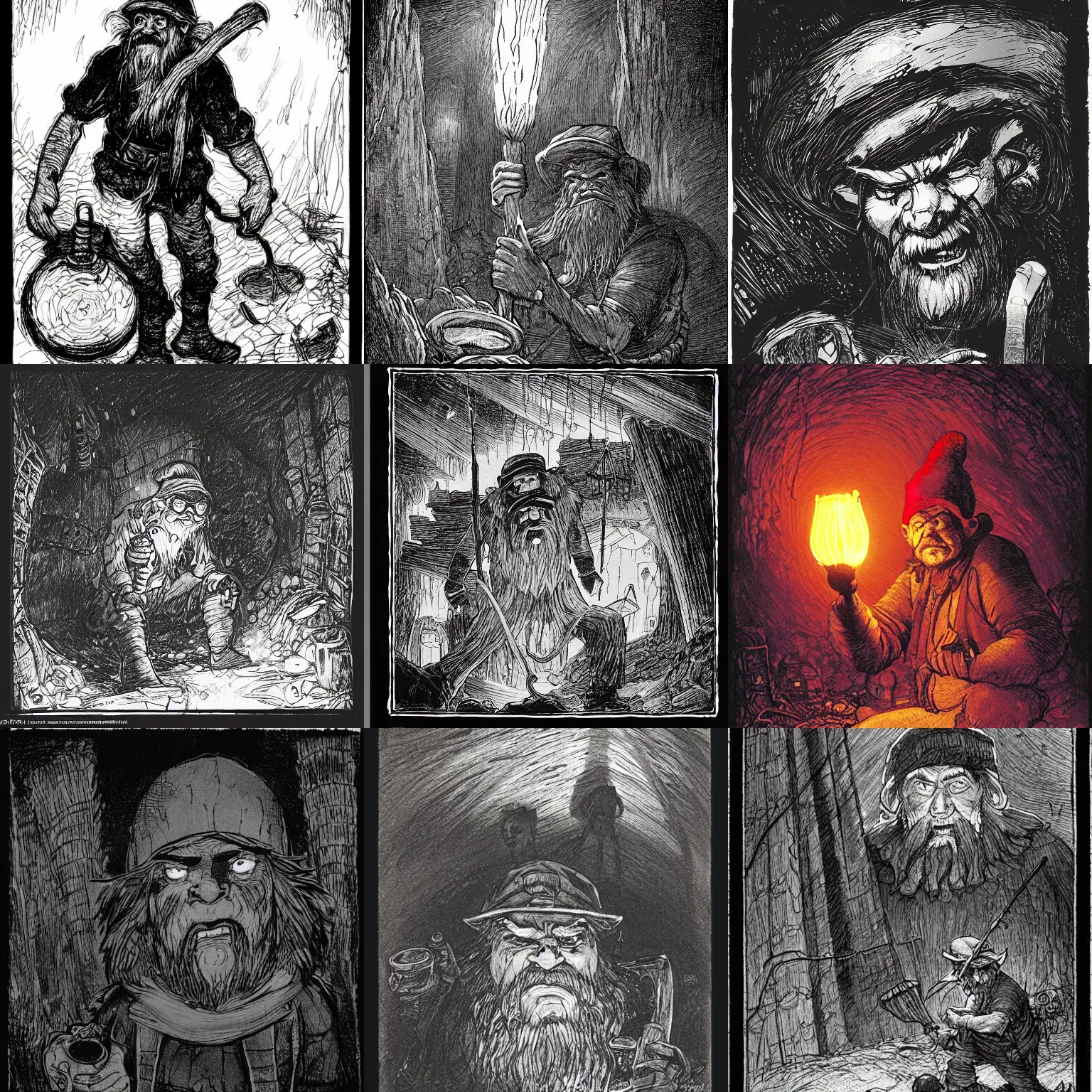 Prompt: an angry, grimy, dirty, grumpy [ old ], miner elf ( with red hat and a glowing latern ) in a pitch black mine, looks into the camera. angry kubrick stare, low key lighting, high contrast, theatrical, fairy tale illustration, character concept art by ivan bilibin, gustave dore and warwick goble