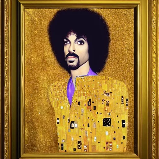 Image similar to a gold painting of Prince in the style ok Klimt. Lots of gold foil. So much gold. Gold color scheme.