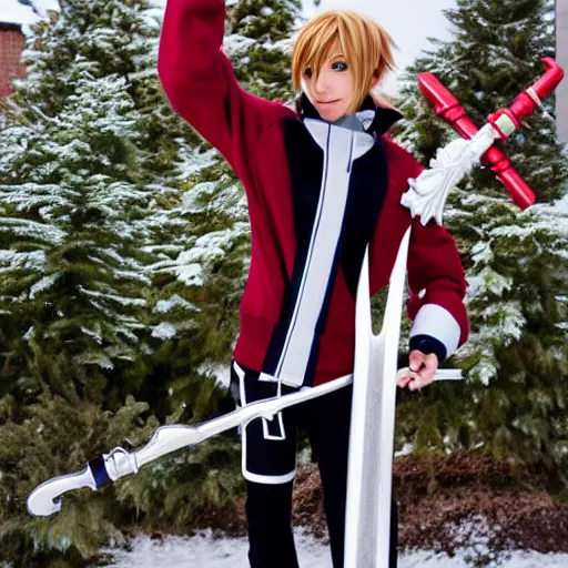 Image similar to of sora cosplay holding keyblade with snow background 85mm