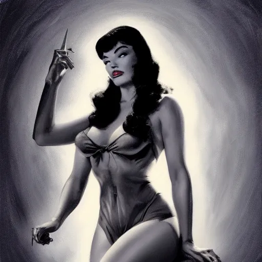 Image similar to portrait of bettie page, intricate, elegant, glowing lights, highly detailed, digital painting, artstation, glamor pose, concept art, smooth, sharp focus, illustration, art by frank frazetta, william mortensen, arny freytag