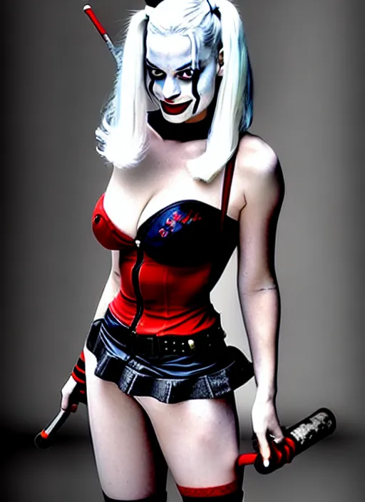 Image similar to 2 8 mm photo of seductive beautiful suicide squad happy margot robbie with long white hair that looks like harley quinn standing on the wet street of gotham city, seductive camisole, pinup model, glamour fashion pose, cinematic, volumetric lighting octane, arney freytag,