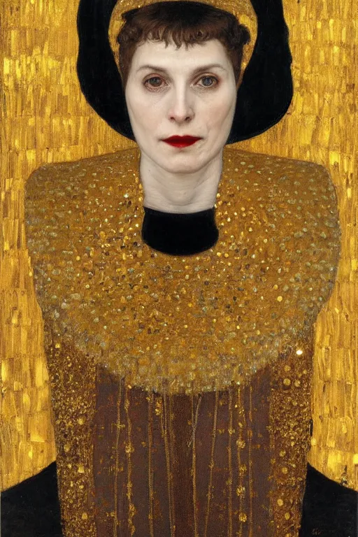 Image similar to portrait, vampire nun, opulent gold embroidered habit, art by klimt and jacek malczewski