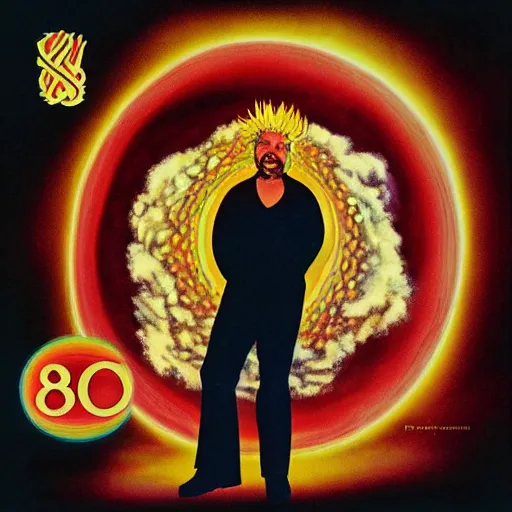 Image similar to 8 0 s new age album cover depicting a mushroom cloud in the shape of guy fieri, very peaceful mood