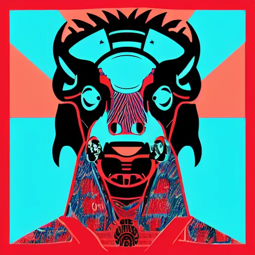 Image similar to a beautiful album cover of a cyberpunk bison by Shepard Fairey, red white and cyan color scheme