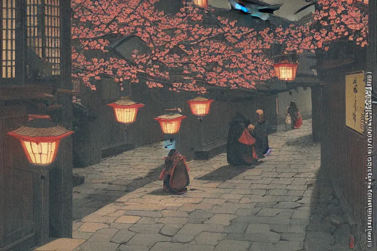 Prompt: painting of the streets of medieval japan at night, lanterns, cherry tree, by ludwig deutsch and maxfield parrish, patterned tilework, extremely detailed, cinematic lighting, smooth sharp focus