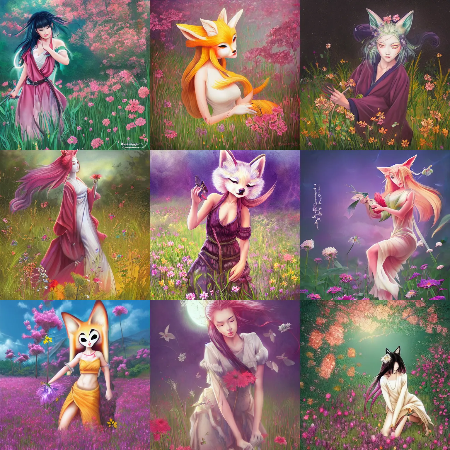 Prompt: Female kitsune picking flowers in a meadow, Artgerm