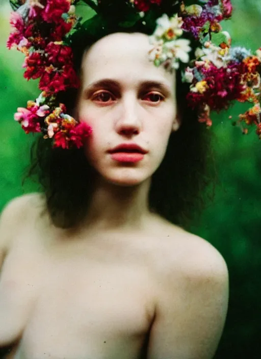 Image similar to extra close-up, color film photography, portrait of beautiful creature with flowers in heads, in style of nan goldin, 35mm, film photo