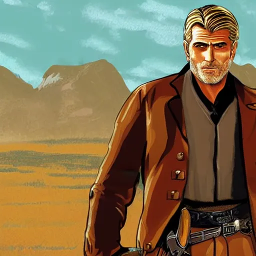 Prompt: a gunslinger in a western who looks like a cross between george clooney and kirk douglas. illustration.
