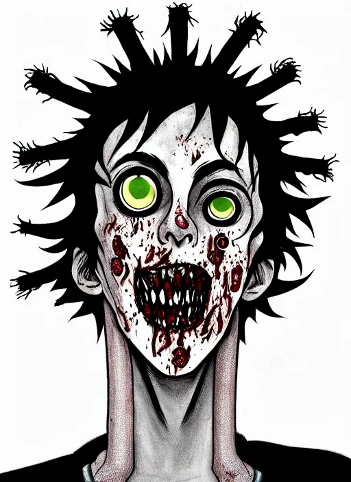 Image similar to junji ito style portrait of zombie teenage jughead jones wearing a light grey crown, zombie, crown, rotting skin, blind eyes, white eyes, crown, black hair, intricate, highly detailed, illustration, art by junji ito