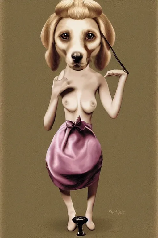 Image similar to a cute dog who look like cameron diaz painted by mark ryden, by dali, digital art