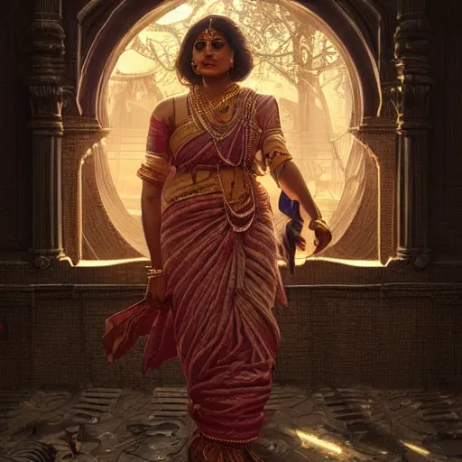 Image similar to south indian woman, sari, ultra realistic, concept art, intricate details, eerie, horror, highly detailed, photorealistic, octane render, 8 k, unreal engine. art by artgerm and greg rutkowski and alphonse mucha