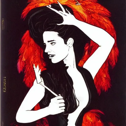 Image similar to young jennifer connelly as odile, gothic dark fae disney villain with black feathers instead of hair, girlboss, dominant, zero g, reading a book, feathers growing out of skin, pulp sci fi, mike mignola, david mack, romantic, comic book cover, vivid, beautiful, illustration, highly detailed, oil painting