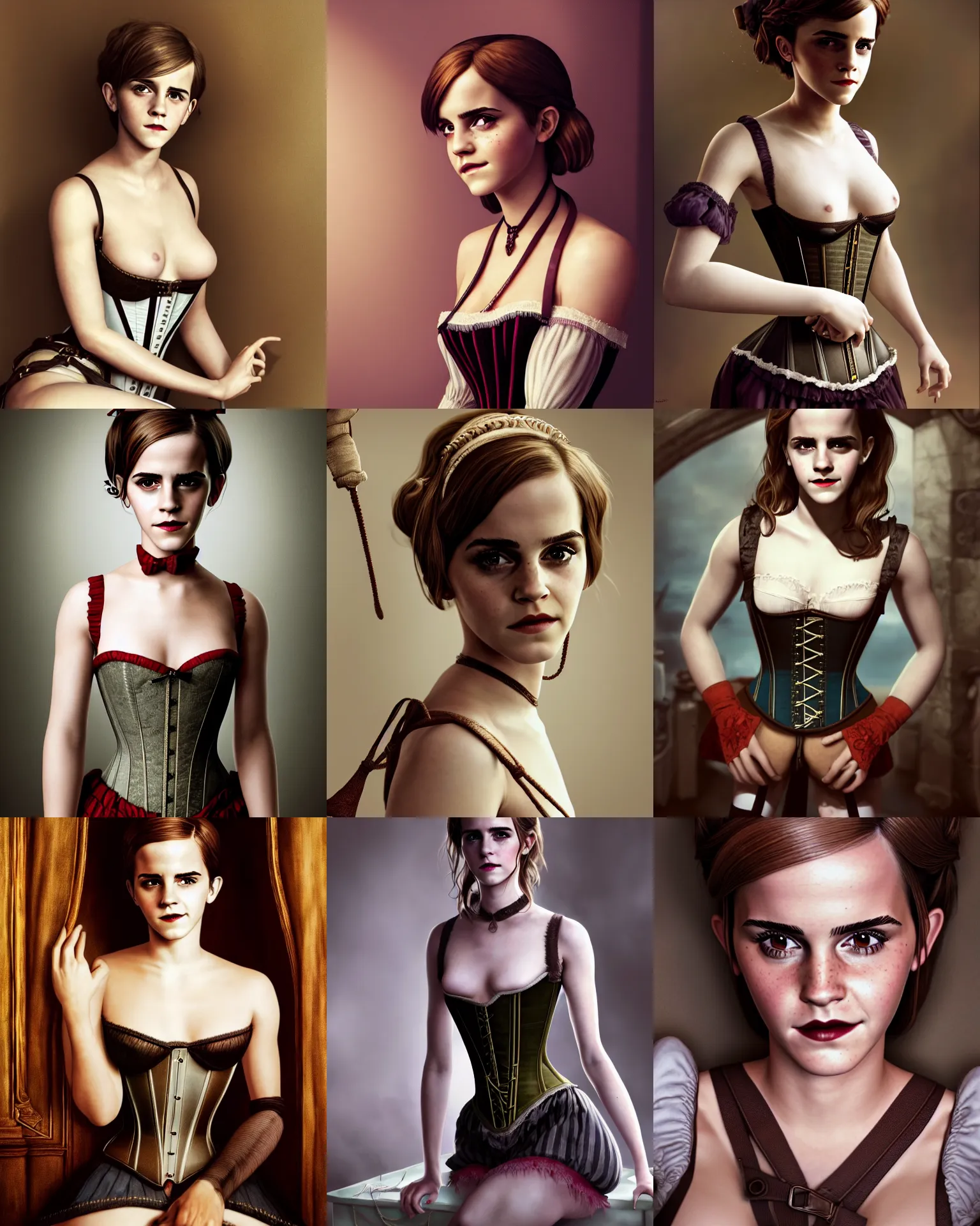 Prompt: full shot portrait painting of very beautiful emma watson sits as maiden in stockings corset bondage home mistress, character design by mark ryden and pixar and hayao miyazaki, unreal 5, daz, hyperrealistic, octane render, cosplay, rpg portrait, dynamic lighting, intricate detail, cinematic