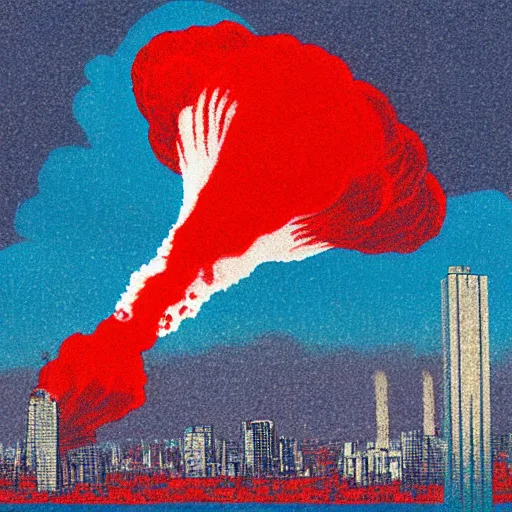 Prompt: red, white and blue nuclear explosion over a city on the fourth of july in the style of m. c. escher, junji ito and beeple, patriotic, mushroom cloud, american flag, 8 k resolution