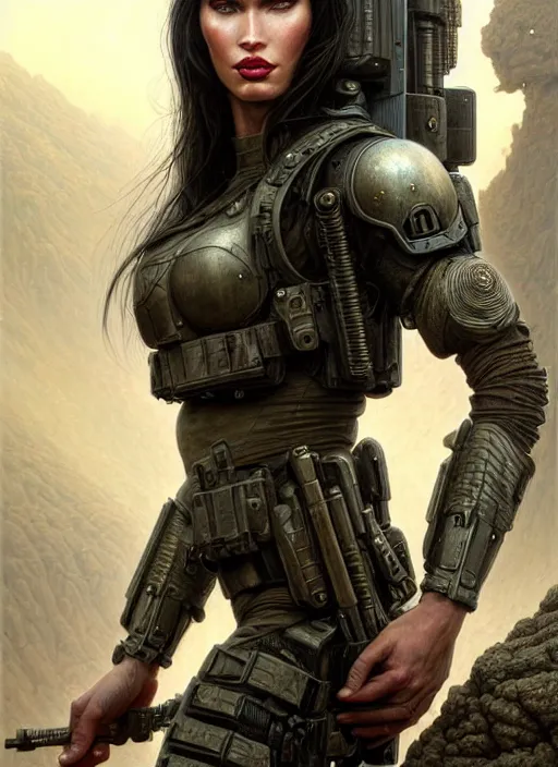 Image similar to closeup portrait shot of megan fox swat team soldier in a scenic dystopian environment, intricate, elegant, highly detailed, centered, digital painting, artstation, concept art, smooth, sharp focus, illustration, artgerm, tomasz alen kopera, peter mohrbacher, donato giancola, joseph christian leyendecker, wlop, boris vallejo