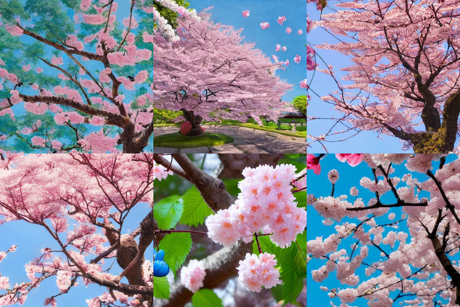 Prompt: large japanese cherry blossom with pink flowers hanging overtop a blue totoro that is collecting acorns, highly detailed, low angle, painterly styled