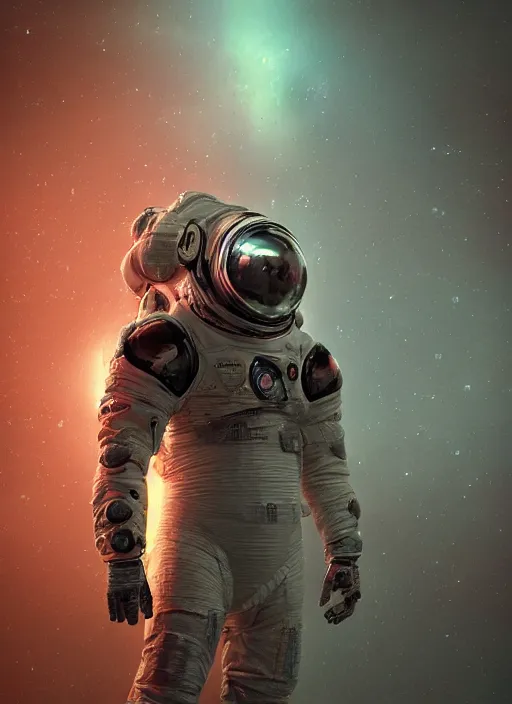 Image similar to concept art by craig mullins infrared complex and hyperdetailed technical astronaut suit in futuristic dark and empty spaceship underwater. reflection and dispersion materials. rays and dispersion of light. volumetric light. 5 0 mm, f / 3 2. noise film photo. flash photography. unreal engine 4, octane render. interstellar movie art
