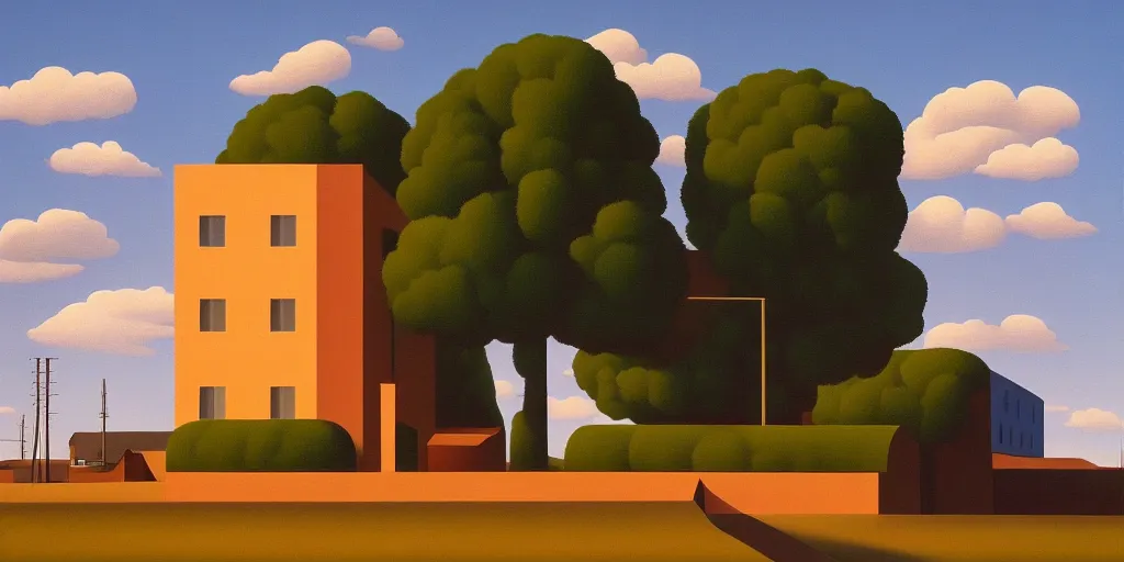 Image similar to factory, blue sky, summer evening, kenton nelson