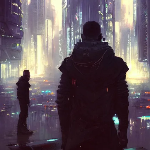 Image similar to a wanderer in a cyberpunk city, megastructure in the background, night, dramatic lighting, chiaroscuro, high detail, painted by greg rutkowski, painted by igor kieryluk, painted by raymond swanland, painted by jeremy mann, trending on artstation