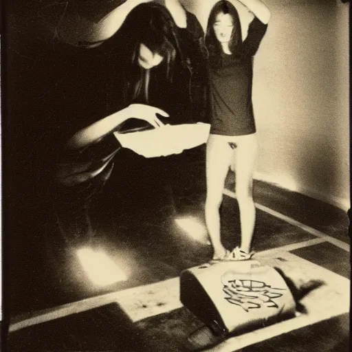 Image similar to A teenager summoning a demon, 1980s Polaroid photo-journalism flash photography