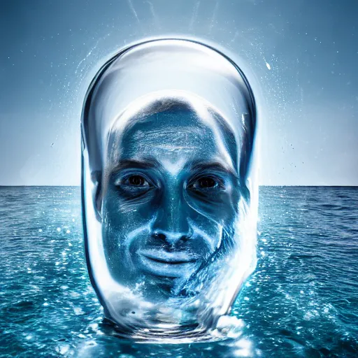 Image similar to a human head in a bottle shape water art manipulation, on the ocean water, futuristic, glowing, hyper realistic, ray tracing, realistic water splashes, sharp focus, long shot, 8 k resolution, cinematic, photoshop art