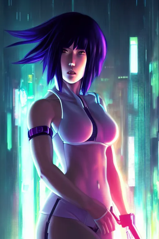 Image similar to a still fullbody portrait of motoko kusanagi ghost in the shell, finely detailed features, closeup at the faces, perfect art, at a cyberpunk city, gapmoe yandere grimdark, trending on pixiv fanbox, by ilya kuvshinov, rossdraws, artgerm