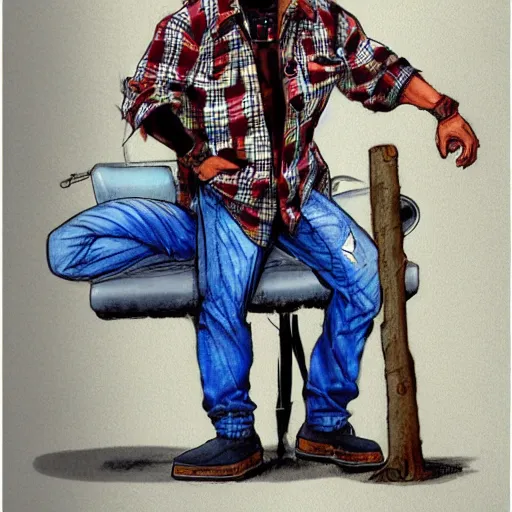 Prompt: character concept art HD render of a modern human, with a strongman's build, wearing a flannel jacket and blue jeans. by Michael William Kaluta.