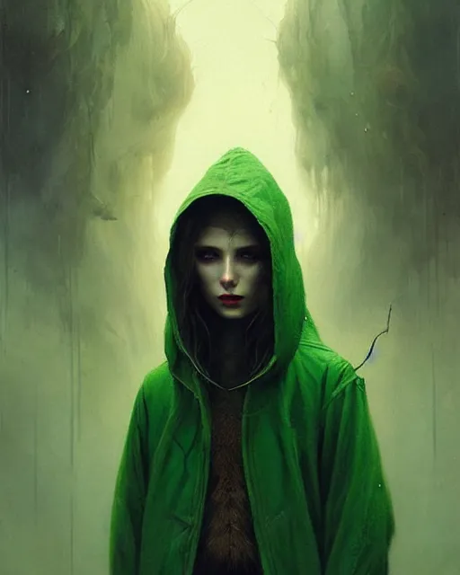 Prompt: portrait Green hooded jacket coat Hunter elf, long-haired By greg rutkowski, tom bagshaw, beksinski