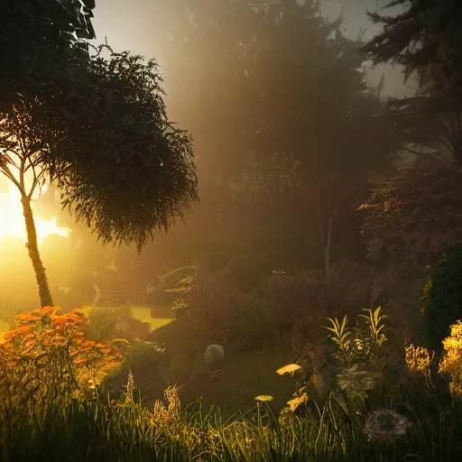 Prompt: a photo of a garden by benoit b. mandelbrot, golden hour, dreamy, misty, cool, afrofuturistic, side shot, detailed, rendered in unreal engine