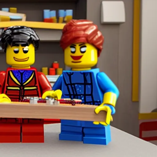 Image similar to Bert and Ernie from Sesame Street build a Lego set together