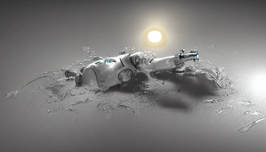 Prompt: robot, water, sun, pencil sketch, 3 d render