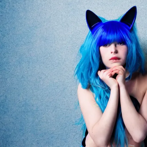 Prompt: photo of a young woman with messy blue hair and cat ears