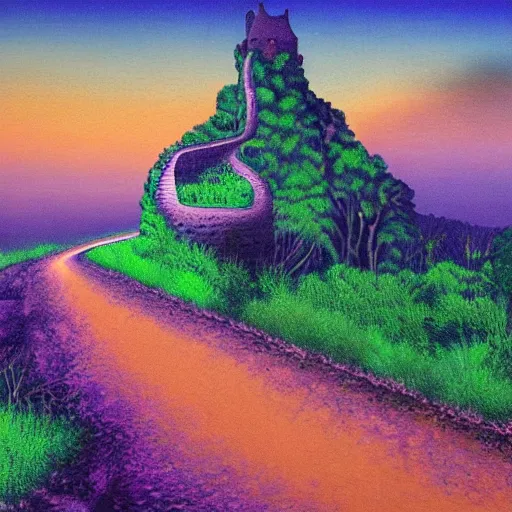 Prompt: oil painting of a dark purple steep and zig - zag path. a violet evil fantasy giger style castle over a high dark blue hill at night. orange to pink gradient sky and thunderstorm background. forest underneath. glowing wagon on the path