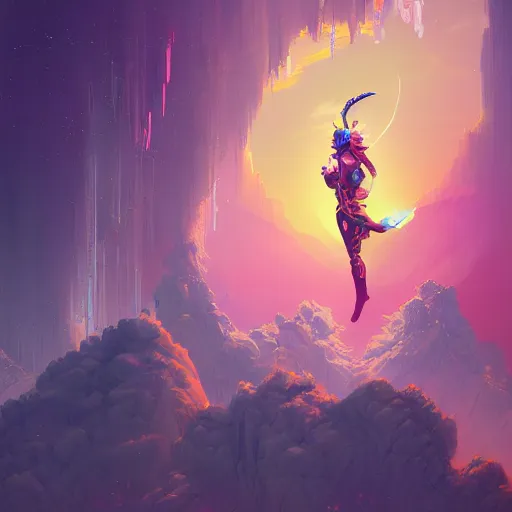 Image similar to an angelic hyperdetailed 3 d matte painting of a female warrior in an angelpunk mechasuit in the style of overwatch hero and hyper light drifter over a beautiful sunset color scheme by peter mohrbacher by beeple by peter max