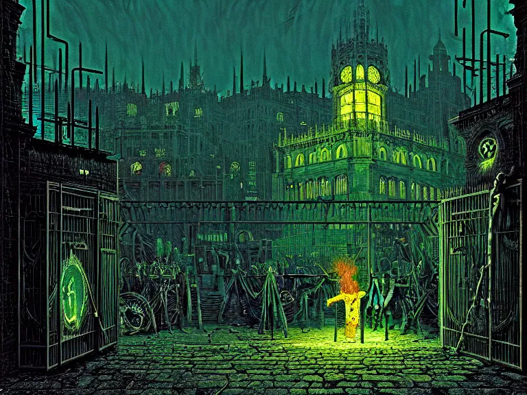 Prompt: the hellspawn demon greeting souls of sinners at the gates of the river styx by dan mumford and josan gonzalez and john atkinson grimshaw and guido borelli da caluso and gregory crewsdon and hubert robert and david mattingly and liam wong and stephen shore, hyperrealism, high contrast, low light, vibrant color, psychedelic, green, blue