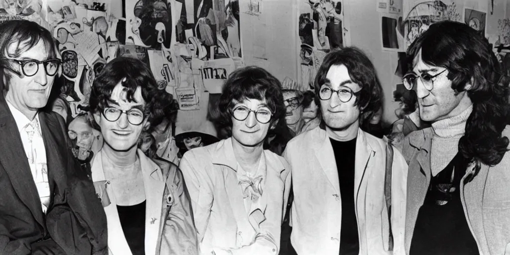 Prompt: Olive Oyl with isacc newton and john lennon at a wake