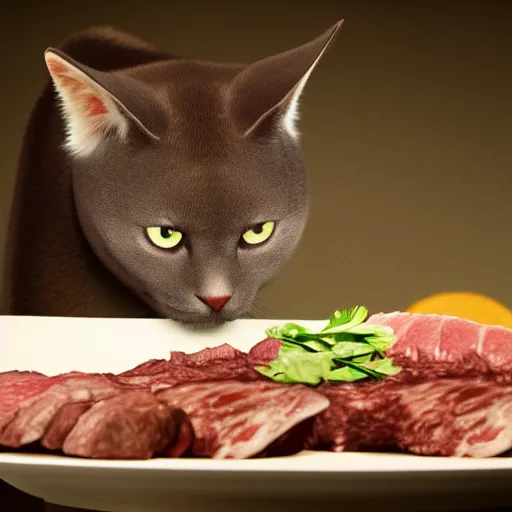 Image similar to cute burmese cat sniifing a plate of meat, sharp focus, octane render, volumetric lighting, 8k high definition, by greg rutkowski, highly detailed, trending on art Station