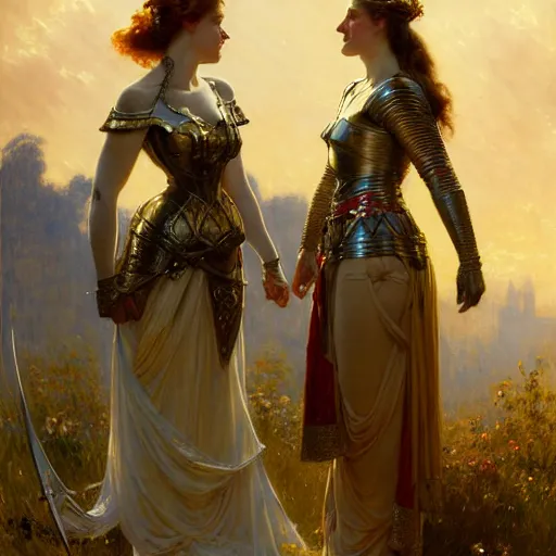 Prompt: attractive guinevere pendragon and her attractive female knight, they are in love, natural lighting, path traced, highly detailed, high quality, digital painting, by gaston bussiere, craig mullins, alphonse mucha j. c. leyendecker