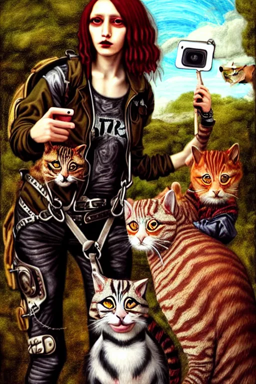 Prompt: punk rock girls making selfie with kind cats in jungle , mad max jacket, post apocalyptic, renaissance, highly detailed, digital painting, oil painting by Leonardo Da Vinci, hyper realistic style, fantasy by Olga Fedorova