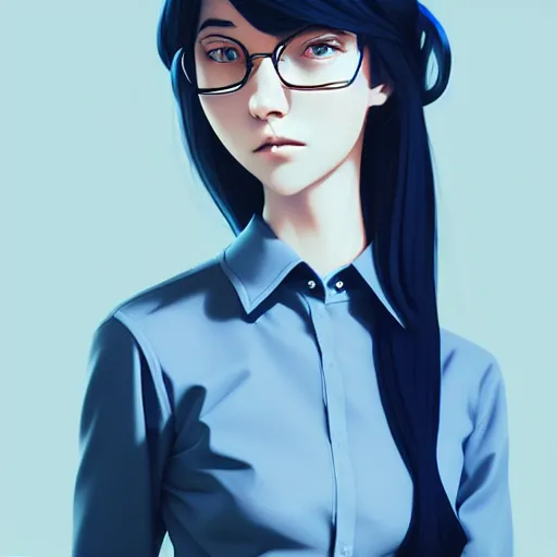 Prompt: urban high school girl in shirt fanart, dark blue long hair, muted colors, matte print, pastel colors, ornate, digital art, digital painting, fan art, elegant, artstation, by Ilya Kuvshinov