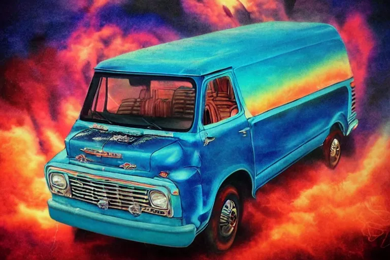 Image similar to a photo of a dark blue metallic 1 9 7 2 chevy g 1 0 panel van with an awesome airbrushed scene of a monster made of colorful coral reef emerging from the sea, 8 0 s synthwave, airbrushed, trapper keeper, lightning, explosions, creature