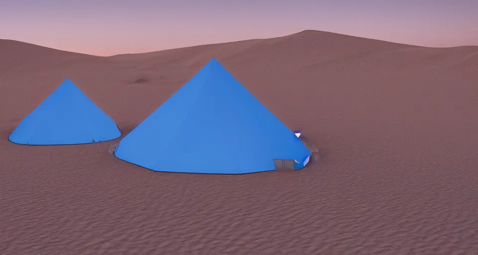 Prompt: hyper realistic matte painting of a small tent in the desert with dunes at night, blue color scheme, artstation