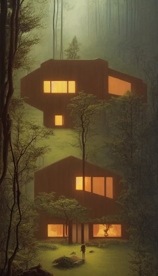 Image similar to cozy ultra modern home in the woods moody lighting, highly detailed, painting by zdzisław beksinski and norman rockwell and greg rutkowskiweta studio, and lucasfilm