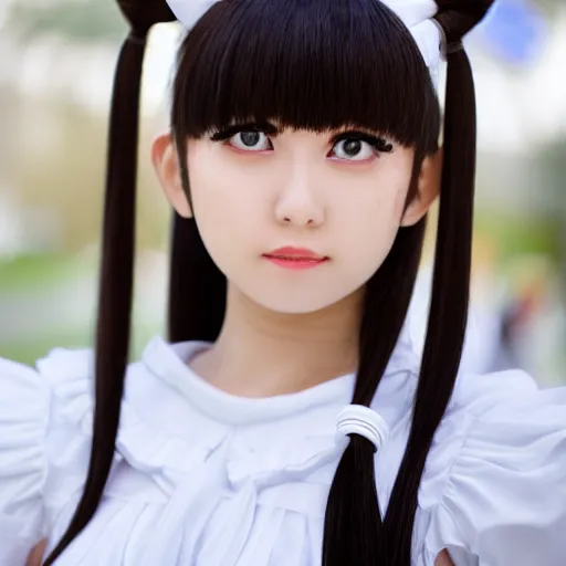 Prompt: a high definition photo of a young cosplayer with twin tails, wearing white dress, symmetric and beautiful face